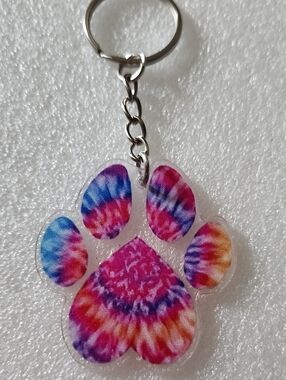 Hand Crafted Tie-Dye Paw Print Keychain in Pink, Blue, Purple, Orange